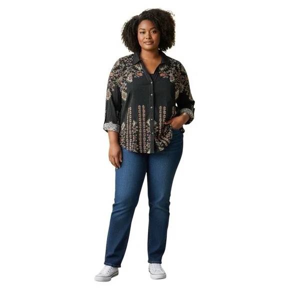 Soft Surroundings XL Black Boho Geometric Button Front Blouse Top - Picture 2 of 9